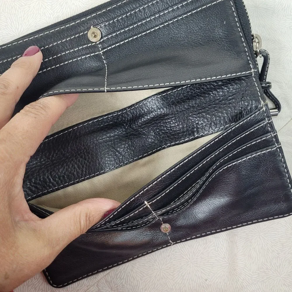 Womens black zip wallet leather multi compartments silver accent white stitching